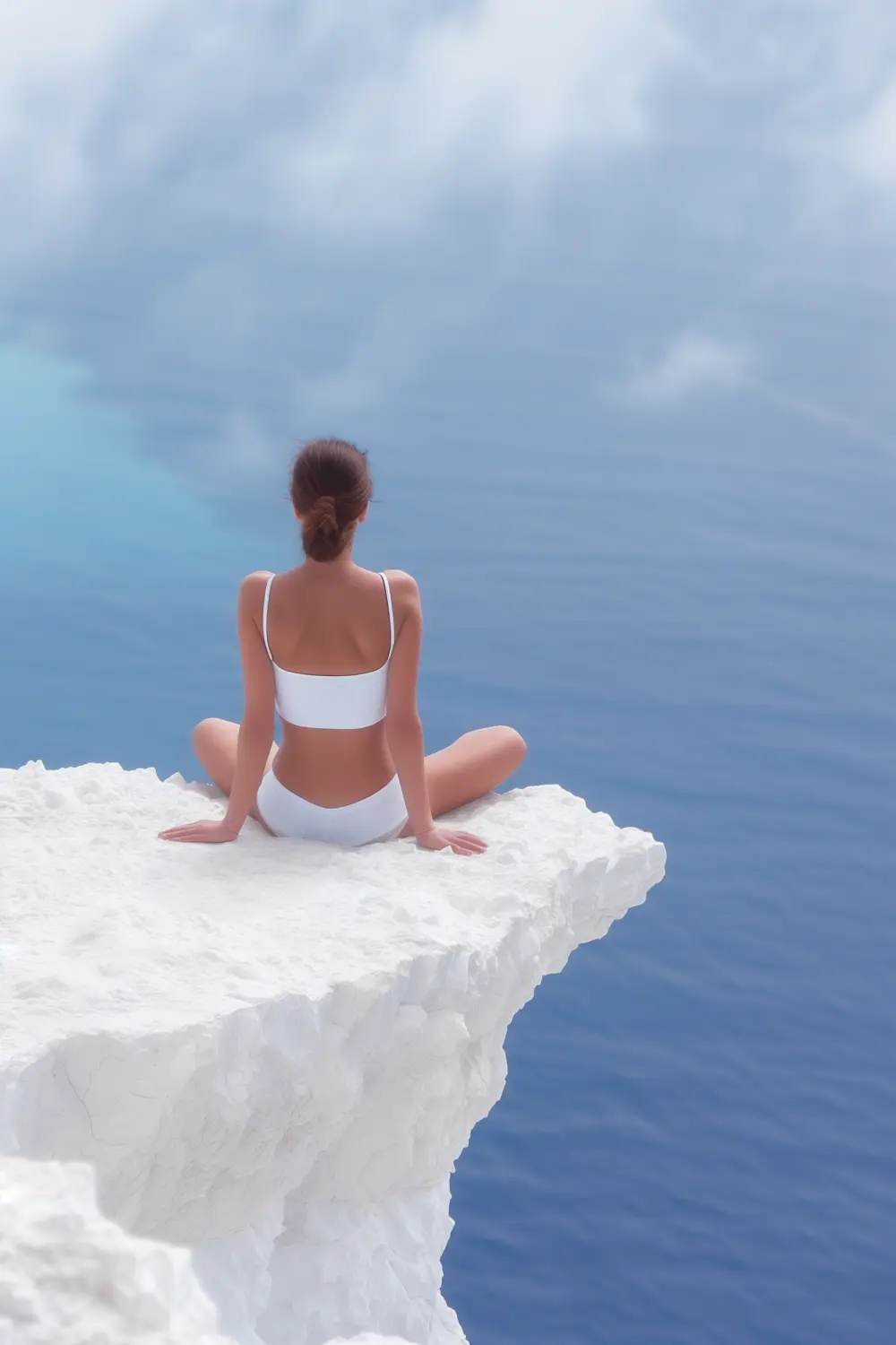 Frau, Meditation und Denken für Yoga am Meer mit ganzheitlicher Betreuung, spirituellem Wohlbefinden und Achtsamkeit