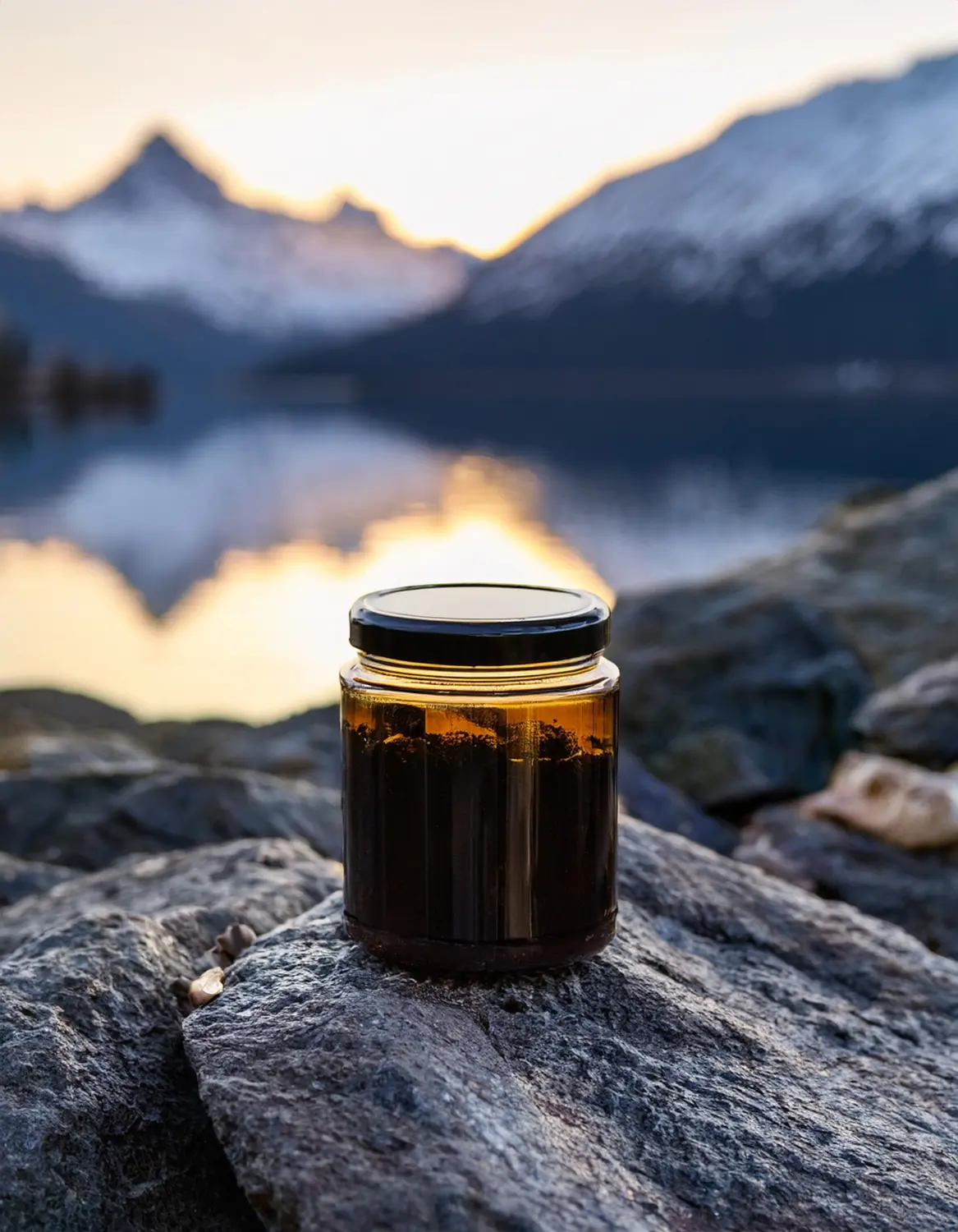 Bergpracht: Schwarzes Shilajit-Harzglas im Stillleben der Natur